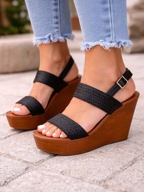 Bamboo Black Woven Wedge Sandals Ankle Strap Platform Boho Size 8